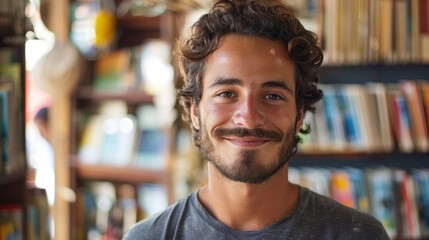 Wall Mural - A bearded man with curly hair smiling at the camera standing in frontof a bookshelf filled with books.