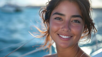 Wall Mural - A young woman with a radiant smile her hair blowing in the wind against a backdrop of a serene ocean with a boat in the distance.