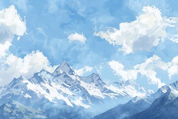 Wall Mural - Simple gouache style mountain landscape, white and blue sky Generative Ai 