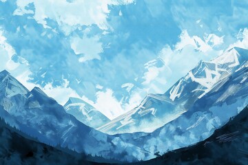 Wall Mural - Simple gouache style mountain landscape, white and blue sky Generative Ai 