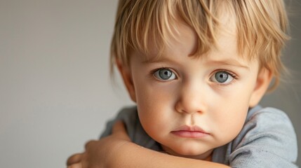 Wall Mural - A young child with blonde hair and blue eyes looking contemplative with their chin resting on their hand.