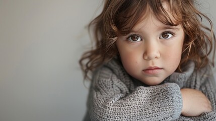Wall Mural - A young child with curly hair wearing a gray sweater looking contemplative with arms crossed.