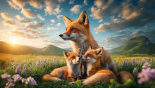 A Fox With Her Kits In A Lush Meadow Adorned, Wildflowers Under A Clear Sky, Highlighting Wildlife Motherhood, Their Vibrant Fur, And The Vital Preservation Of Family Units In The Wild. 