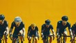 A group of cyclists in a race wearing helmets and sunglasses leaning forward in a competitive stance on a yellow background.