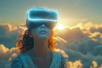 Poster - A woman wearing VR headset user, surreal world and virtual reality, colorful flowers fields. Generative AI