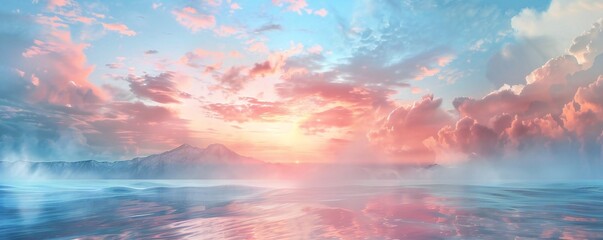 Wall Mural - surreal soft vista of a beautiful mountain sea spectacle, azure sky and a few floating white clouds 