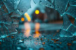 Broken glass with drops of water on the background of the night city
