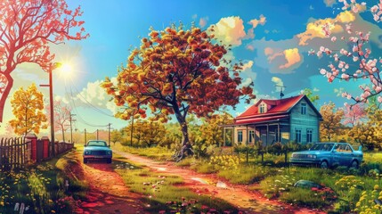 Poster - A peaceful scene of a house and car on a dirt road. Suitable for various rural themes