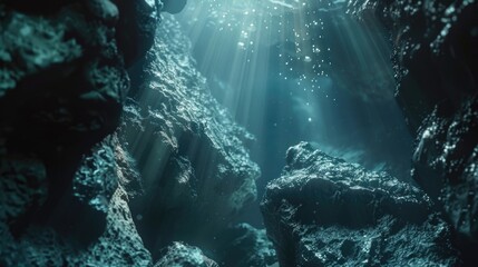 Poster - Sunlight shining through water in a cave, suitable for nature and underwater themes