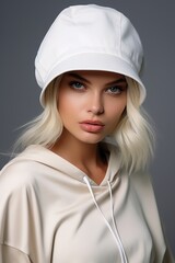 Poster - A woman wearing a white hat and hoodie, suitable for various concepts and designs