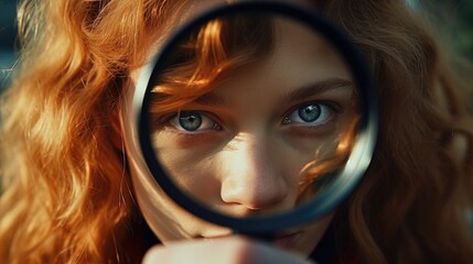 Poster - A woman looking through a magnifying glass. Suitable for various concepts