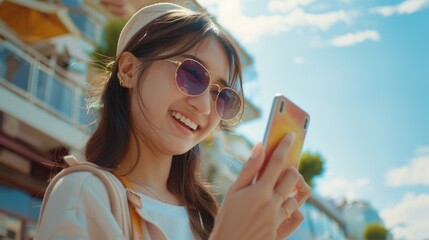 Poster - Woman in sunglasses checking her phone, suitable for technology concepts