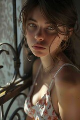 Aufkleber - A beautiful young woman standing next to a window. Suitable for lifestyle and home decor themes