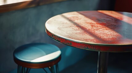 Simple image of a table and two stools in a room. Suitable for interior design concepts