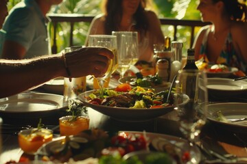 Poster - A group of people sitting at a table with plates of food. Suitable for restaurant or dining concept