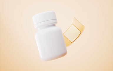 Sticker - White medical package bottles and adhesive bandage, 3d rendering.