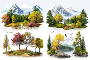Poster - Four detailed illustrations of various mountain landscapes. Perfect for travel guides and outdoor adventure websites