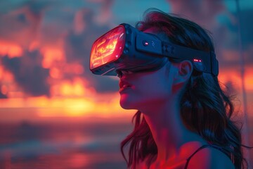 Poster - A woman wearing VR headset user, surreal world and virtual reality, colorful flowers fields. Generative AI