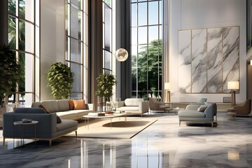 Wall Mural - A sleek, modern office lobby with polished marble floors, contemporary furniture, and an abundance of natural light.

