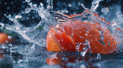 Poster - Fresh orange fruit being splashed with water, perfect for food and beverage concepts