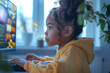 © Inga Bulgakova - Home atmosphere. Little black girl is studying with computer at home. Home education concept. Selective focus. Copy space.