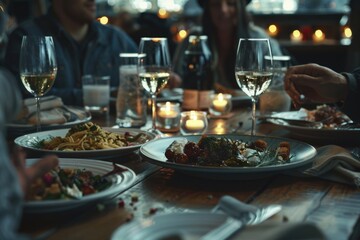 Poster - Group of people sitting at a table with plates of food. Ideal for restaurant or family dinner concepts