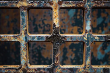 Poster - A weathered metal grate with square holes, suitable for industrial backgrounds