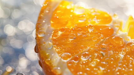 Poster - Juicy orange slice with water droplets, perfect for food and beverage concepts