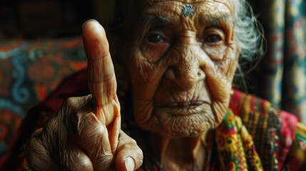 Poster - An old woman holding a finger up in the air. Suitable for educational or communication concepts