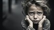 Close up sepia portrait of a little sad child with monochrome effect, providing free copy space