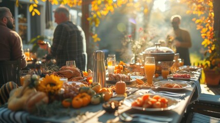 Poster - People gathered around a table full of food, perfect for social gatherings