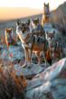 Jackal family standing in front of the camera in the rocky plains with setting sun. Group of wild animals in nature.