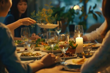 Poster - Group of people gathered around a dinner table, suitable for various occasions