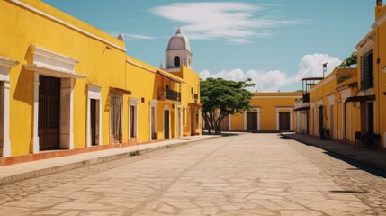 Poster - A yellow building with a clock tower in the distance. Suitable for architectural and urban themes