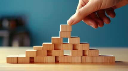 Poster - A person adding a block to a stack of wooden blocks. Suitable for business concepts