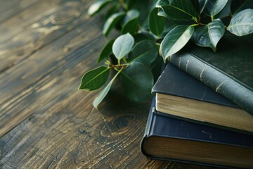Poster - A stack of books on a wooden table, suitable for educational and reading concepts