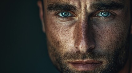Poster - A detailed shot of a man's face with striking blue eyes. Ideal for portraits or eye care concepts