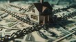 A conceptual image featuring a model house wrapped in chains over a bed of US dollar bills, symbolizing mortgage, debt, or financial security.
