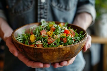 Poster - Fresh and healthy salad in a wooden bowl held by a person wearing a blue shirt