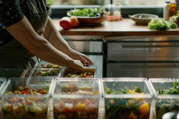 Poster - Person preparing a meal in a kitchen. Suitable for cooking blogs or recipe websites