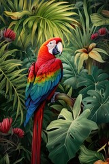 Poster - A vibrant parrot perched on a tree branch. Perfect for nature and wildlife themed designs