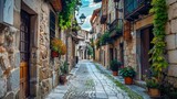 Fototapeta Uliczki - A charming narrow street with plants in pots. Suitable for travel and architecture concepts