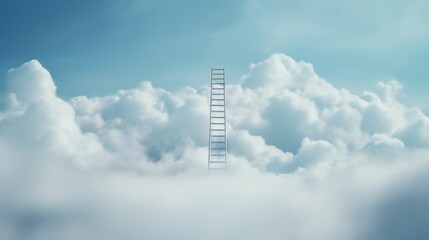 Poster - A ladder reaching up into the clouds against a blue sky background. Ideal for concepts of success, ambition, and reaching new heights