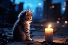 Curious Kitten In Dark Abandoned City Street, Captivated By Eerie Urban Atmosphere At Night.