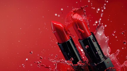 close-up on two red lipsticks in splashes of water on a red background