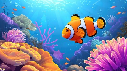 Sticker - Cute anemone fish playing on the coral reef, beautiful color clownfish on coral feefs, anemones on tropical coral reefs