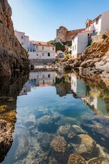 Poster - A scenic view of a body of water with buildings in the background. Ideal for travel and urban concepts