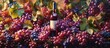 This painting depicts a bunch of grapes alongside a bottle of wine, showcasing a classic and elegant theme commonly associated with celebrations and gatherings. The vivid colors and intricate details