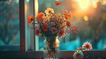 Aufkleber - A vase of flowers on a window sill, perfect for home decor