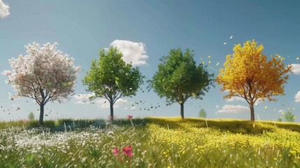 Wall Mural - A group of trees standing tall in a field of colorful flowers. Perfect for nature backgrounds